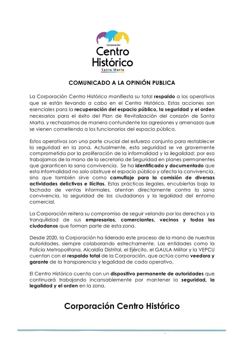 #ComunicadoDePrensa Nuestro respaldo a los operativos de control en el Centro Histórico. <a href="/Vepcu_smr/">Vepcu_smr</a> <a href="/SantaMartaDTCH/">Alcaldía de Santa Marta</a> <a href="/ElInformador_SM/">El Informador Santa Marta</a> <a href="/HoyDiarioMag/">HOY DIARIO DEL MAGDALENA</a>