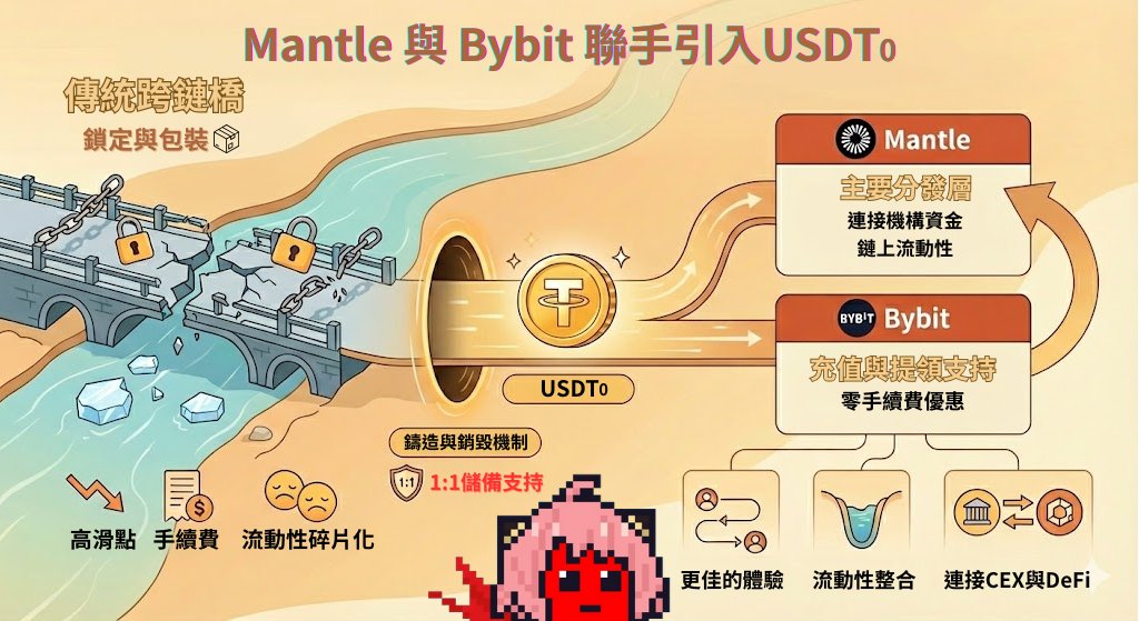 受夠跨鏈手續費、滑點、流動性碎片化嗎 💸

🎉 <a href="/Mantle_Official/">Mantle</a> 與 <a href="/Bybit_Official/">Bybit</a> 引入 <a href="/USDT0_to/">USDT0</a> 

USDT0 為 <a href="/tether/"></a> 發行的 USDT 穩定幣全鏈部署版本 🪙
採用鑄造與銷毀機制 🔨
而不是傳統跨鏈橋的鎖定與包裝機制
這代表能保證資產 1:1 的儲備支持
並消除傳統跨鏈橋帶來的流動性碎片化風險

🫂