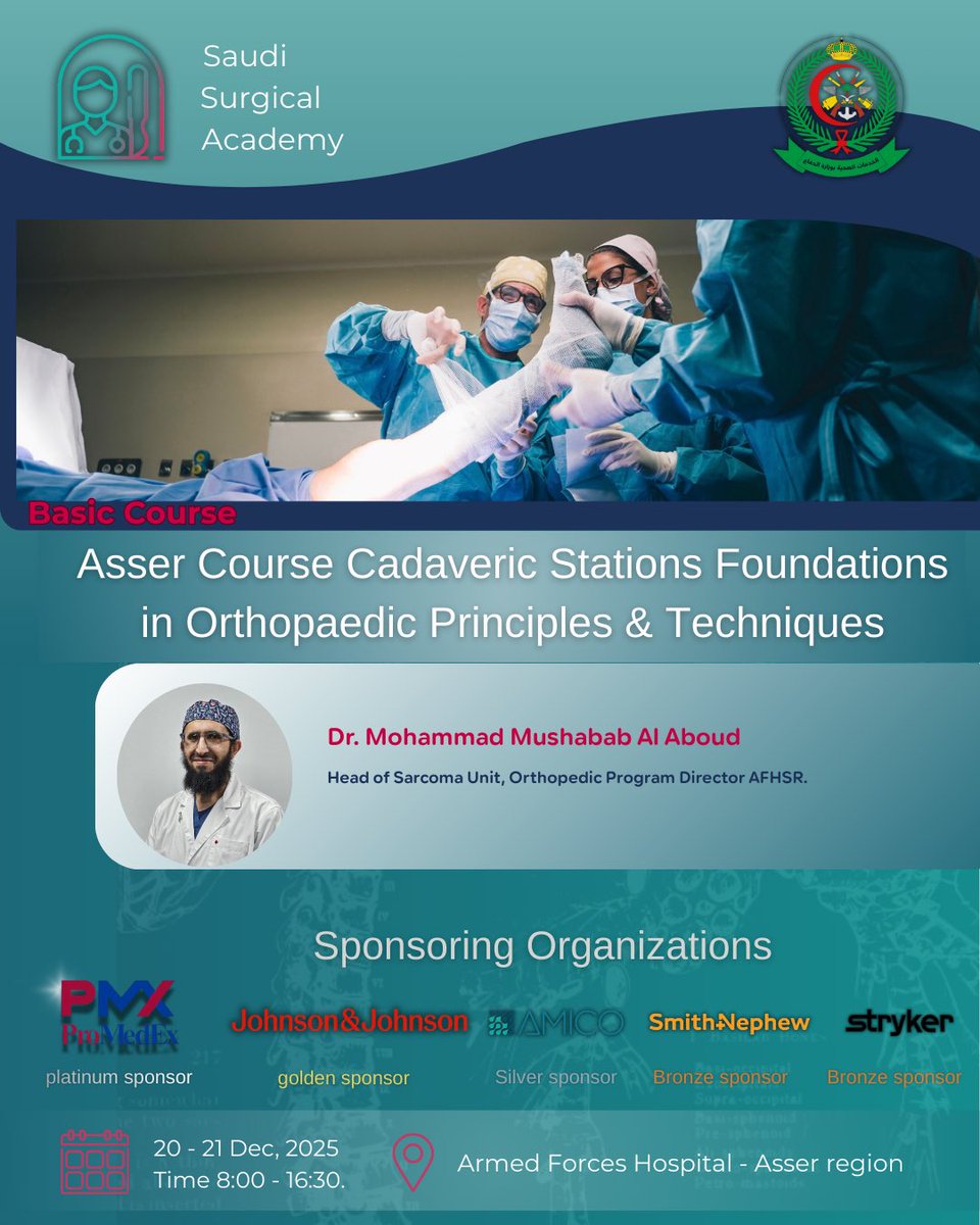 SaudiSurg's tweet image. This is your chance to explore basic orthopedic surgery principles and techniques with the experts and consultants at the Armed Forces Hospital in Asser. 

Scan the QR code and register now to get your special price before 1st of December ✨🍂

#SSA #orthopedic
#riyadh