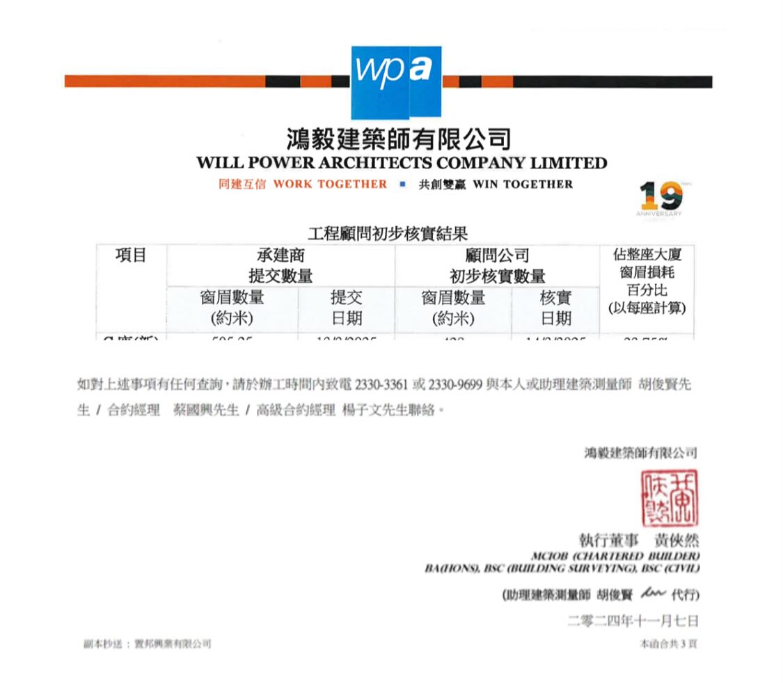 7/ Hung Ngai Architects Ltd.

Shareholders: NG Yeuk (20%), SHUM Kui-chung (15%), WONG Hap-yin (14%), Will Power Holdings (51%) Directors: NG Yeuk, WONG Hap-yin
Assistant Building Surveyor involved: WU Chun-yin