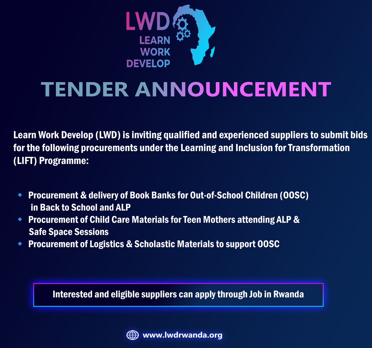 LwdWork's tweet image. Apply by using this link
⬇️⬇️⬇️⬇️⬇️⬇️⬇️⬇️⬇️
jobinrwanda.com/employer/learn…