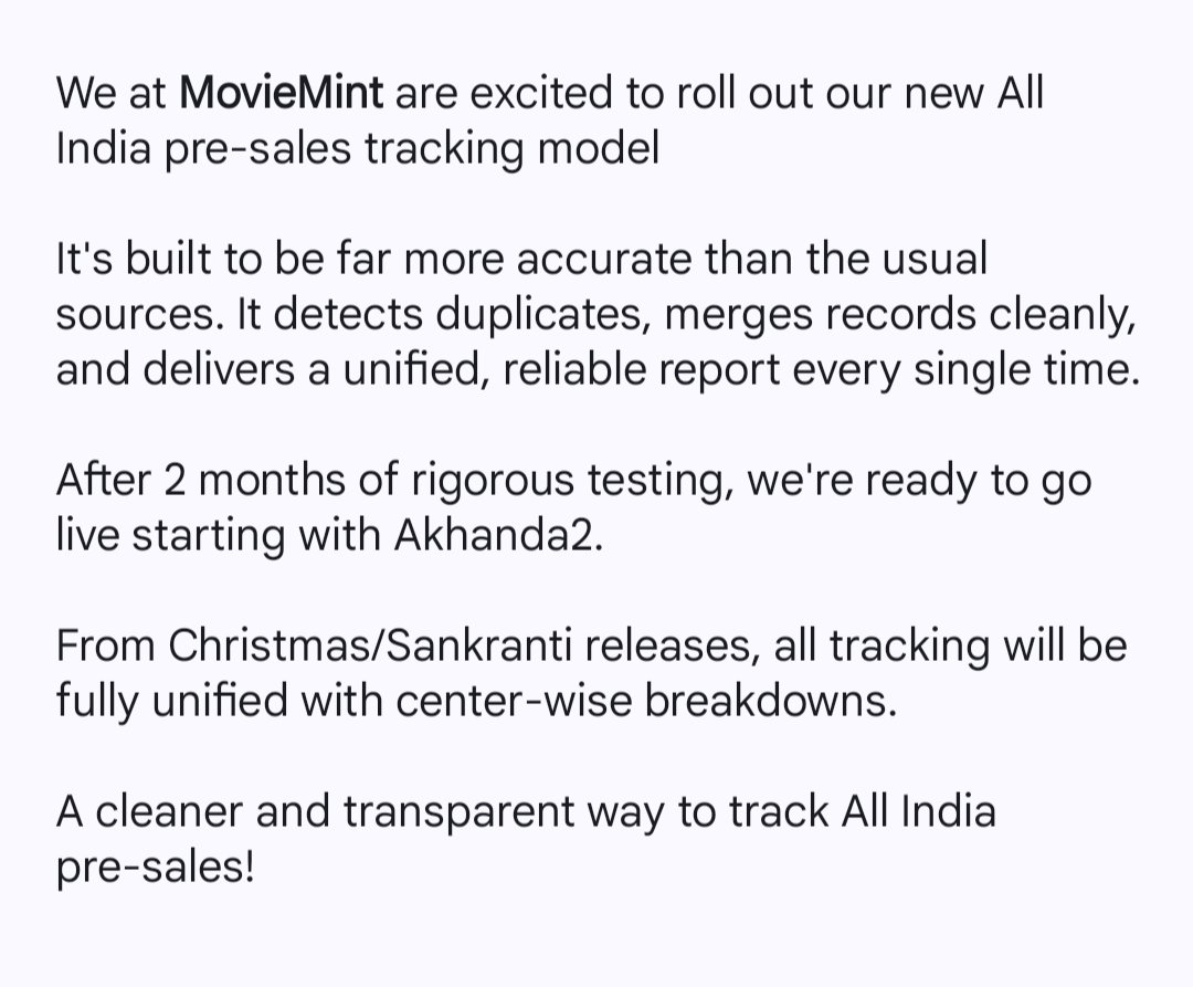 MovieMintBO's tweet image. 📣 ANNOUNCEMENT 

We at MovieMint are excited to roll out our new All India pre-sales tracking model!

A cleaner, accurate and transparent way to track pre-sales across the country.