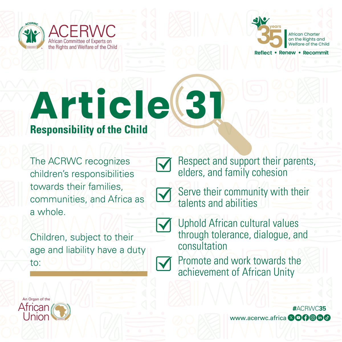 acerwc's tweet image. #ACRWC35 Campaign spotlights Art 31: the Charter recognizes children’s responsibilities towards their families, communities, and Africa as a whole.

📢📢How can we empower children to embrace these responsibilities while enjoying their rights?

#AfricaFit4Children
#Agenda2040
