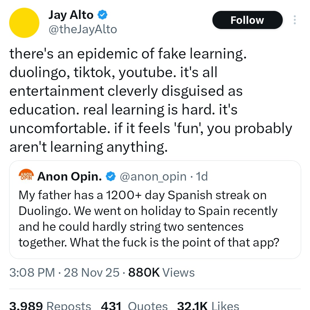 lillybilly299's tweet image. The funny thing about Duolingo and highschool Spanish, etc is that language learning is a solved problem. The military can get people conversational in a new language in like a couple months. We just mostly don&apos;t teach languages that way because fuck it I guess