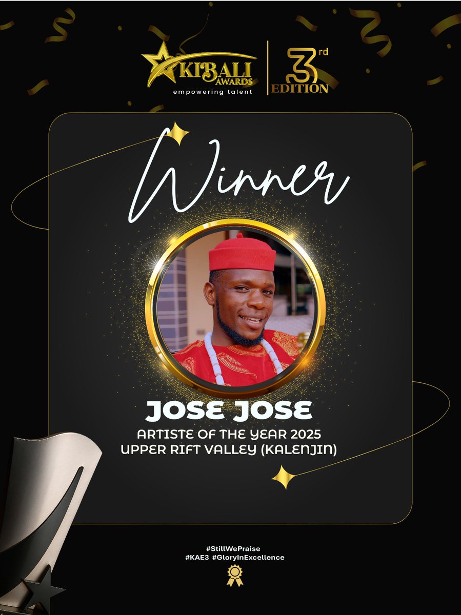 A huge congratulations to Jose Jose, the Artiste of the Year 2025, Upper Rift Valley (Kalenjin) at the 3rd Edition of the KIBALI AWARDS! Your talent is truly empowered. #StillWePraise #KAE3 #GloryInExcellence #KibaliAwards3rdEdition
#KibaliAwards2025
#KibaliAwards