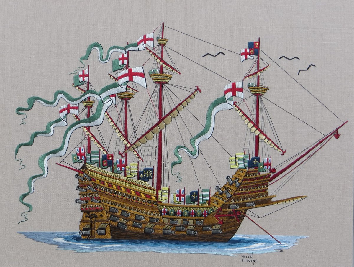 helen_m_stevens's tweet photo. With Christmas less than a month away, I thought it might be fun to look at the origins of some Carols, especially those whose content can be a little hard to reconcile with the Season!
Such as ... I Saw Three Ships (come sailing in)
Most of us recognise this hymn's opening lines as leading us into a tale by which the ships carry "Our Saviour Christ and his layde (lady)" into Bethleham, clearly an anomaly, as Bethlehem is landlocked! Unless, of course, they were "ships of the dessert, i.e, camels! This version was first printed in the 1600's (so doubtless sung earlier), but to the same approximate tune an earlier version seems to make more sense.
Dating back to events in the 12th century, it was still being sung in dialect in the late 1800's in Kingston upon Hull, situated on the River Humber in Yorkshire, England.  It tells of three ships each one carrying the skull of one of the Magi (Kings) who gave gifts to the Infant Jesus.  It is recorded that these ships did, indeed, carry relics, on their way to Cologne Cathedral from Germany, gifts from Emperor Frederick Barbarossa in 1162.  Legend has it that during a storm, they took shelter in the Humber Estuary, before continuing their journey.  Strangely, the  Coat of Arms of Hull is three Crowns.
So, these three ships have been sailing for many centuries, bearing diverse relevance to Christmas ... possibly imagined by many as looking something like Henry VIII's glamorous, though doomed, Mary Rose (of which, many years ago, I worked a series of studies for the Mary Rose Trust).
#embroidery #EmbroideryWhisperer