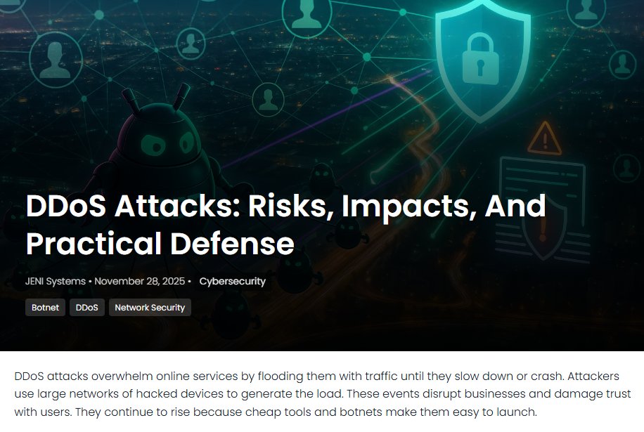 JeniSystems's tweet image. DDoS attacks overwhelm services with heavy traffic, so smart planning and strong defenses keep systems steady. jenisystems.com/ddos-attacks-b…
 #DDoS #CyberSecurity #Botnets