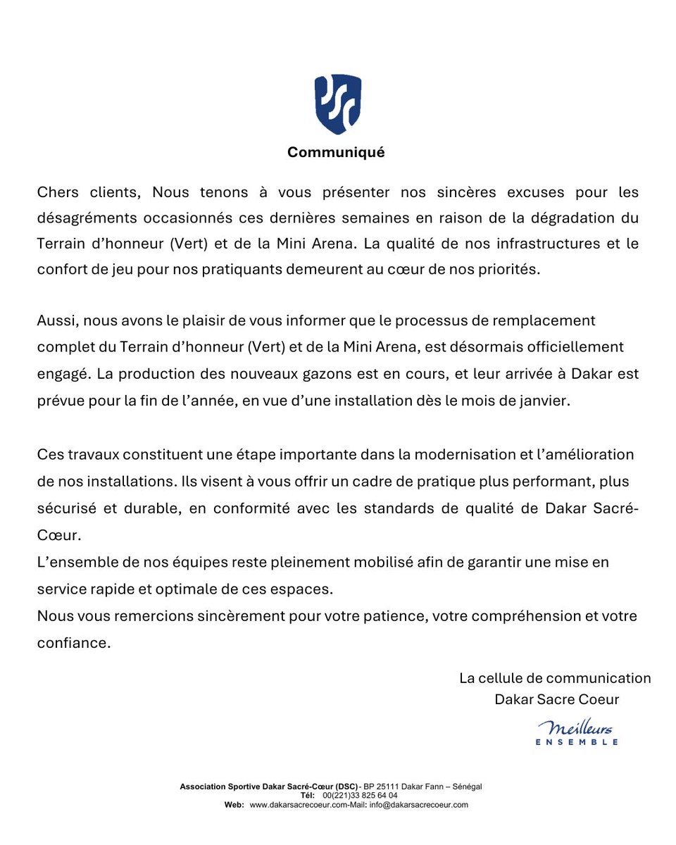 DakarSacreCoeur's tweet photo. 🔵⚪️ COMMUNIQUÉ 🔵⚪️
Découvrez notre communiqué relatif aux terrains et aux travaux engagés dans le but d’offrir un service à votre hauteur.
#TeamDsc #MeilleursEnsemble https://t.co/yppoP8stFQ