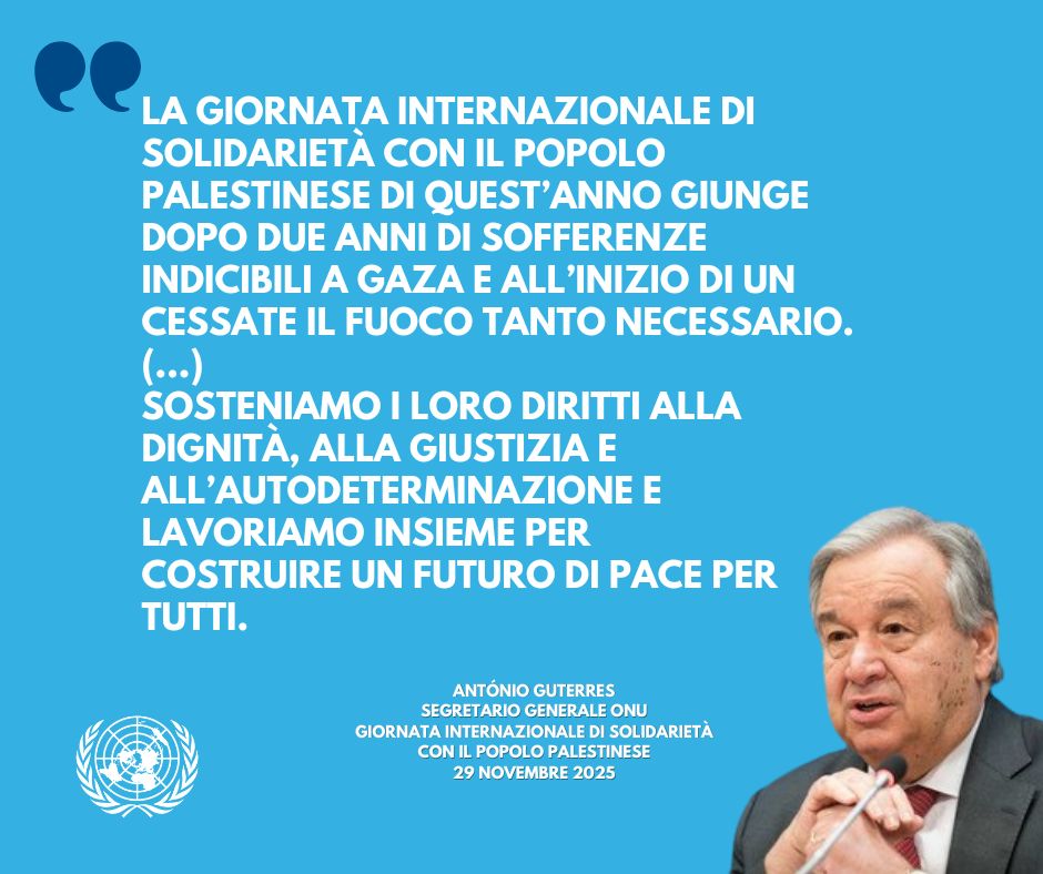 Nella Giornata Internazionale di Solidarietà con il Popolo Palestinese, <a href="/antonioguterres/">António Guterres</a> rinnova il suo appello a sostenere i diritti del popolo palestinese e invita a lavorare insieme per costruire un futuro di pace, sicurezza e speranza per tutti.

🔗unric.org/it/29-novembre…