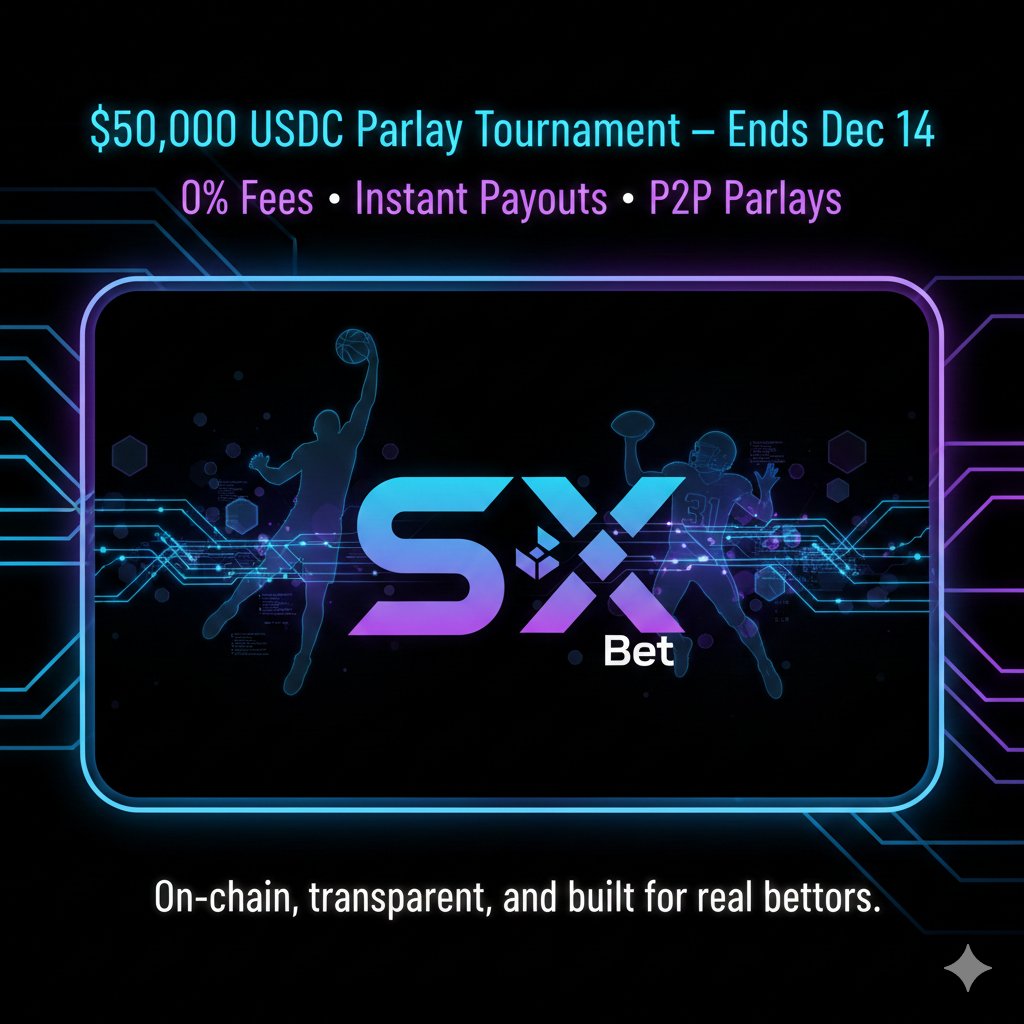 _Mykhii's tweet photo. Everybody’s buzzing about SX Bet, and honestly — the hype makes sense.

Zero fees.
Lightning-fast payouts.
P2P parlays that actually feel fair.

Plus, there’s a massive $50,000 USDC Parlay Tournament live until Dec 14.
This is fully on-chain, rapid, and designed for real bettors. https://t.co/txXId5OxRp