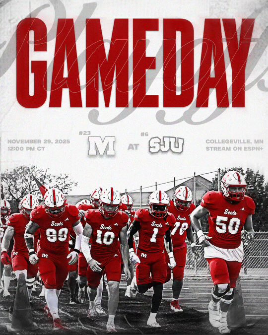 Round 2 - NCAA Playoffs 🔴⚪️

#23 Monmouth at #6 Saint John’s
⏰ 12 PM 
📍 Collegeville, MN
🏟️ Clemens Stadium
📺 ESPN +