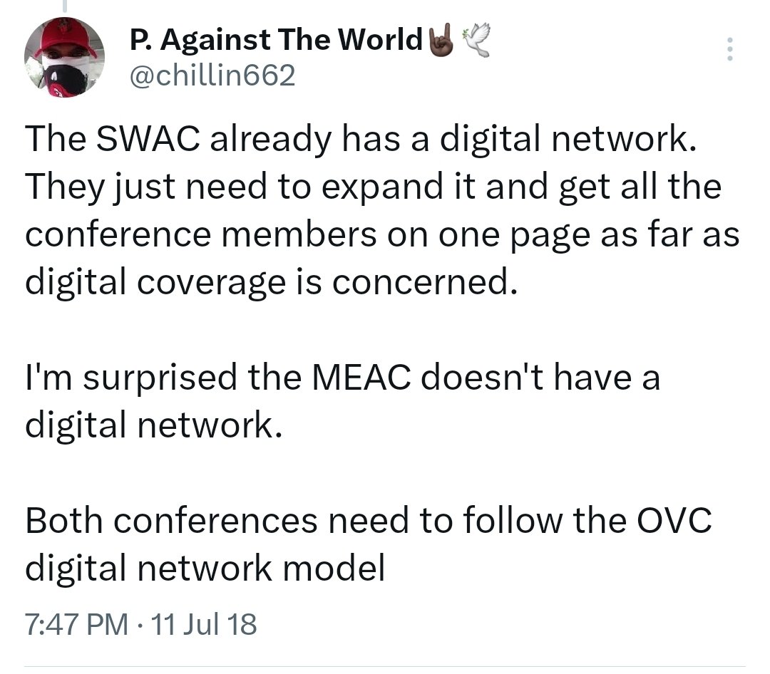 chillin662's tweet image. You can go back to my old tweets in 2018 calling for the SWAC to do something similar to what the OVC had with their OVC Network 

The SWAC has a loyal fan base and the early numbers from SWACTV back this up

x.com/chillin662/sta…

x.com/HBCUSports/sta…