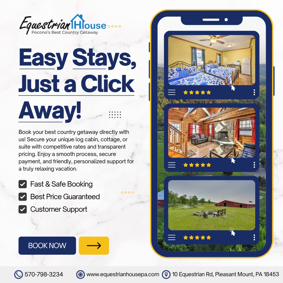 EquestrianPA's tweet image. Easy Stays, Just a Click Away! 📲 Ready for your country escape? Book your unique log cabin, cottage, or suite directly with us for the best rates and personalized support. Your relaxing Pocono getaway starts now! 

Book Now: zurl.co/svR9e 

#EquestrianHousePA…