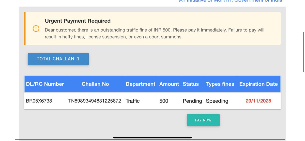 BajpayeeSunny's tweet photo. I received a message from an unknown number claiming that a challan had been issued against me and that I must pay a fine of ₹500 today. I became suspicious and verified the challan number and my bike details on the official e-Parivahan website, which showed ‘Not Found https://t.co/V0mUkSY1pa