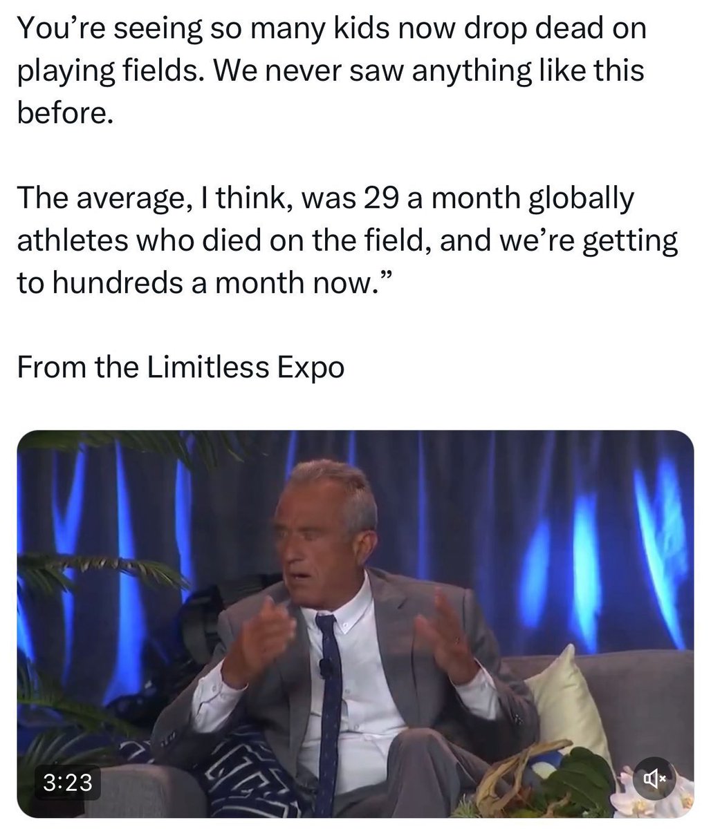 Probably not enough people are aware that the HHS Secretary of the United States peddles the “alarming increase in athlete deaths” lie just like McCullough, Malone, Kirsch and Dowd do.

From an August 2024 interview:
“Getting to hundreds a month now”

🤦🏻‍♂️🤦🏻‍♂️🤦🏻‍♂️