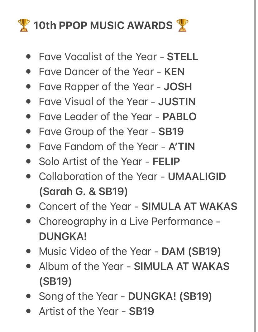 sweetmonamanjah's tweet photo. SB19 bagged these awards at the 10th PPOP MUSIC AWARDS 🏆

CONGRATULATIONS EVERYONE!! 🙌🏻👏🏻

SB19 PPOP FRONTRUNNERS
@SB19Official #SB19 
#PPOPKingsDominatePPOPAwards https://t.co/wwmwOjhZTR