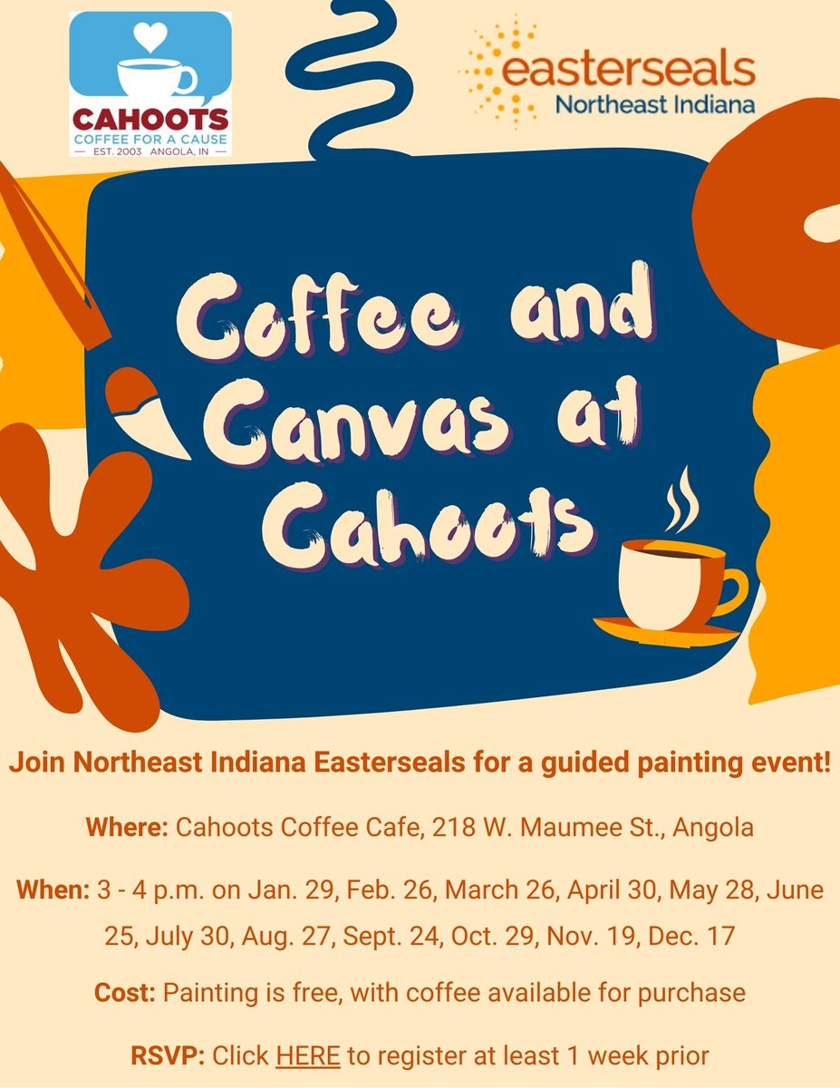 EastersealsNEIN's tweet image. 🎉☕ Last classes of the year at Cahoots! 💃🎨

Join us for Coffee &amp;amp; Dancing and Coffee &amp;amp; Canvas — two fun ways to wrap up the year!

👉 Register here for Dancing: bit.ly/40hpZbD
👉 Register here for Canvas: bit.ly/3DFyZhP

#EastersealsNEIN #CommunityFun