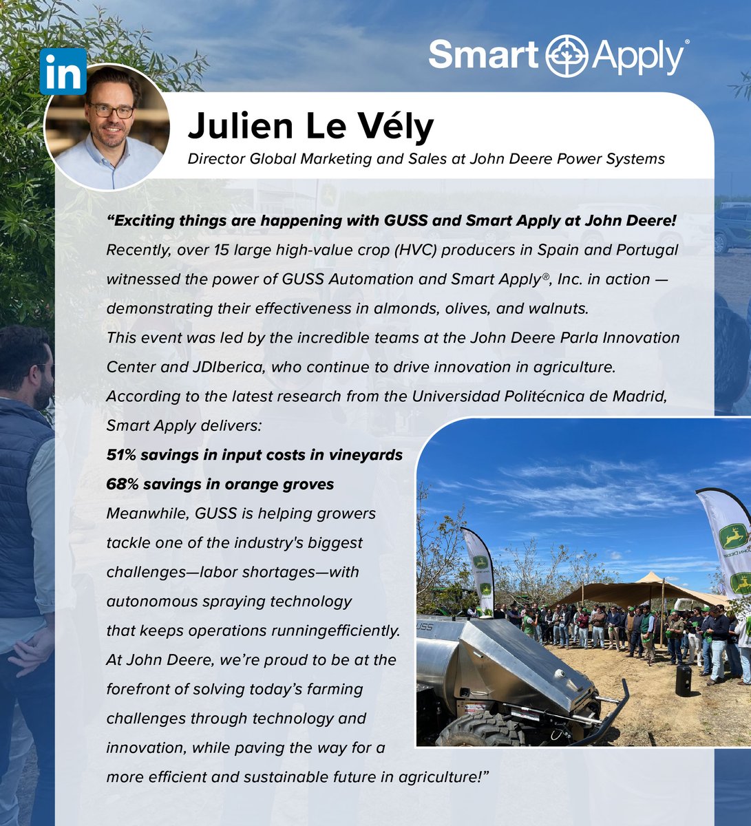 SmartApplyAg's tweet image. 🌍 Innovation in action! Over 15 #HighValueCrop producers in Spain &amp;amp; Portugal recently saw these technologies in motion - demonstrating real-world savings and efficiency gains! Read  how #precisionspraying &amp;amp; automation are shaping the future of sustainable ag! #SmartApply