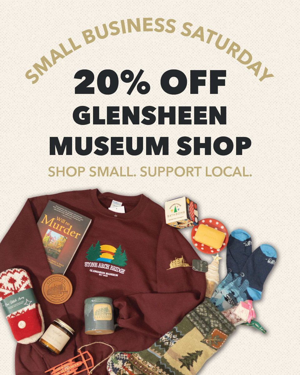 In honor of Small Business Saturday, everything is 20% off!

Shop in-store at Glensheen's Museum Shop for unique gifts. Before or after you shop, take a tour of Glensheen decorated for the holidays during a Candlelight Tour. 

#glensheen #candlelighttours #ShopLocal #duluthmn