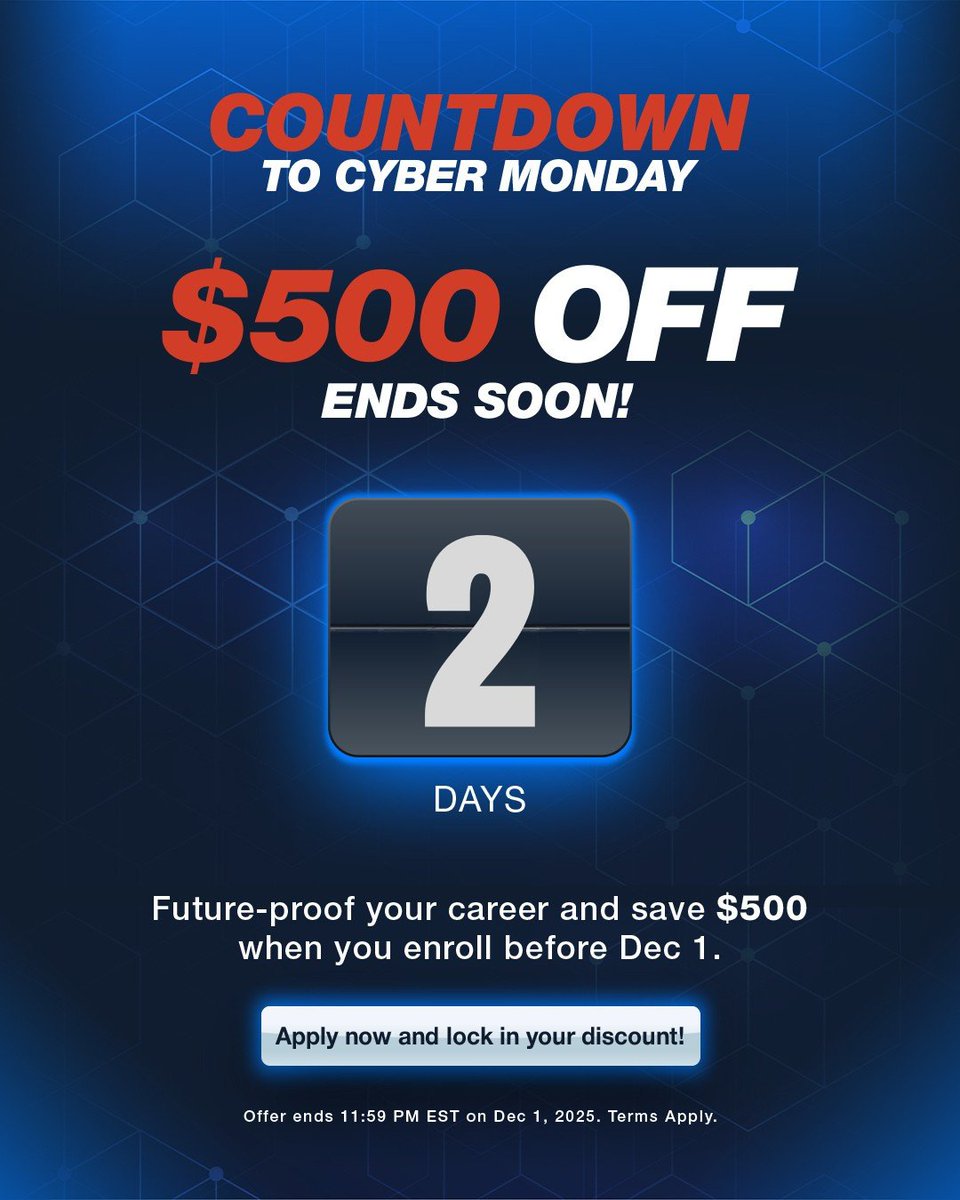 QuickStartIntel's tweet image. Cyber Monday is almost here! ⏰
Save $500 on eligible QuickStart IT bootcamps when you enroll before Dec 1.

Don’t miss out!
👉Apply now: ow.ly/RnQe50XxE8v

#CyberMonday #SaveBig #BootcampDeals #TechCareers #TechTraining #ITBootcamp