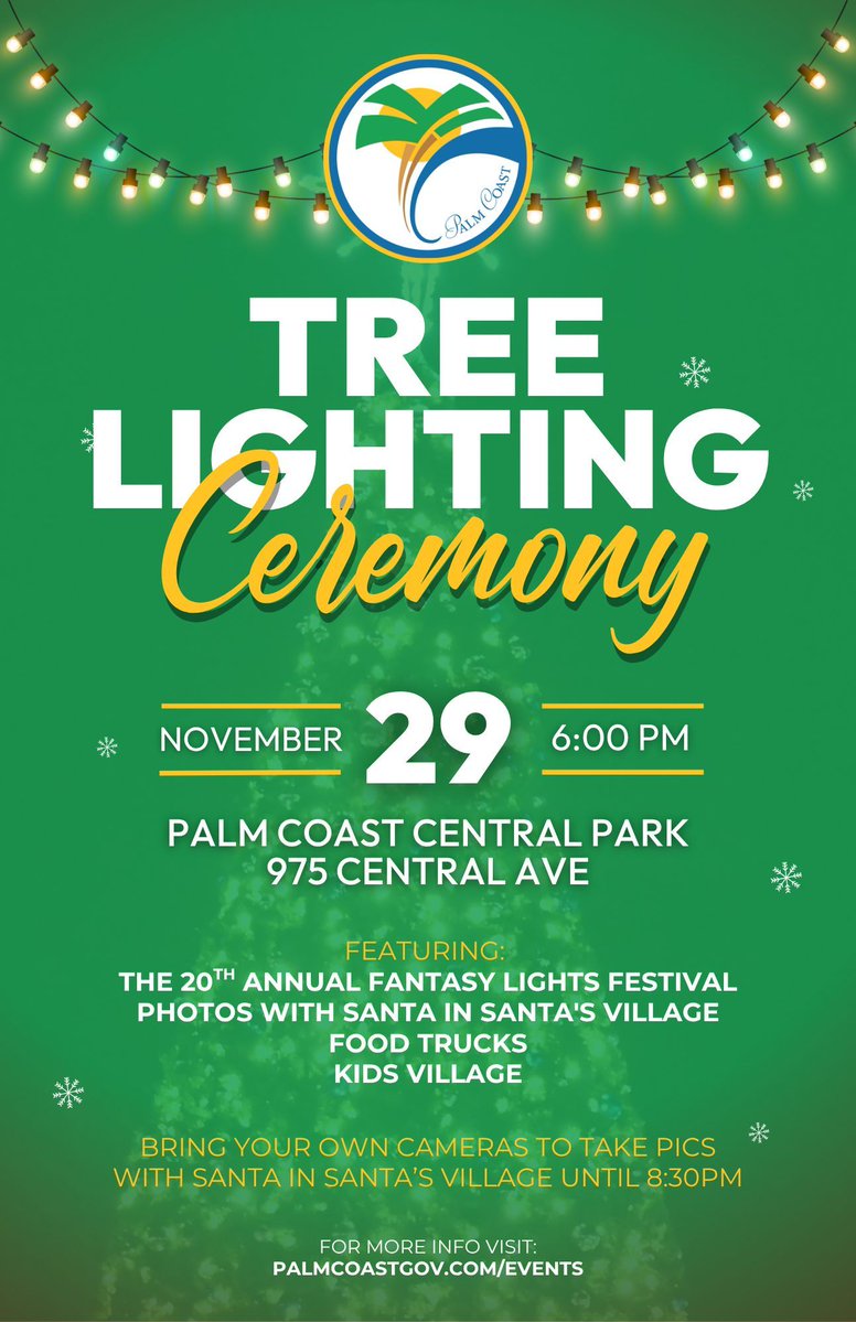 Tonight's the night it gets merry and bright in the City of Palm Coast! Join us at 6pm for the 14th Annual Tree Lighting Ceremony at Central Park in Town Center (975 Central Ave).

Learn more at palmcoast.gov/events