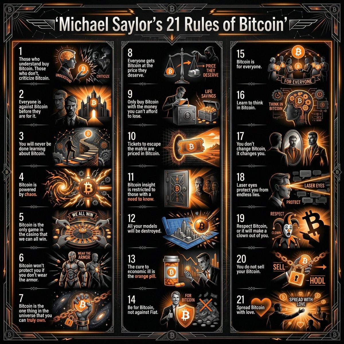 MarioNawfal's tweet image. 🚨 SAYLOR JUST DROPPED THE BITCOIN TEN COMMANDMENTS 

The man holding 650,000 Bitcoin like it’s pocket change just released his 21 Rules infographic and it’s the most savage red-pill manifesto ever put on a poster:

Rule 1: Those who understand Bitcoin buy it. Those who don’t,…