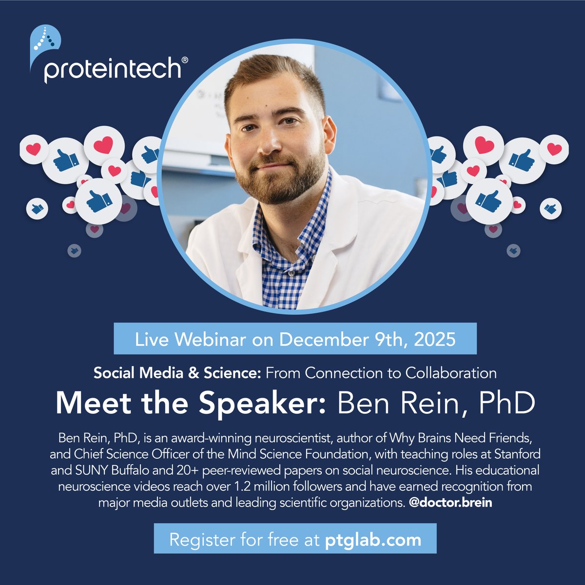 Proteintech's tweet image. Speaker Spotlight 🌟 Dr. Ben Rein (@dr.benrein)

Neuroscientist. Author. Science communicator to 1.2M+.

Ben joins our #scicomm panel on Dec 9 to share how he’s using social media to make neuroscience accessible.

🎙️ Register now: ow.ly/o1Eu50XzsKG

#PTGSciComm