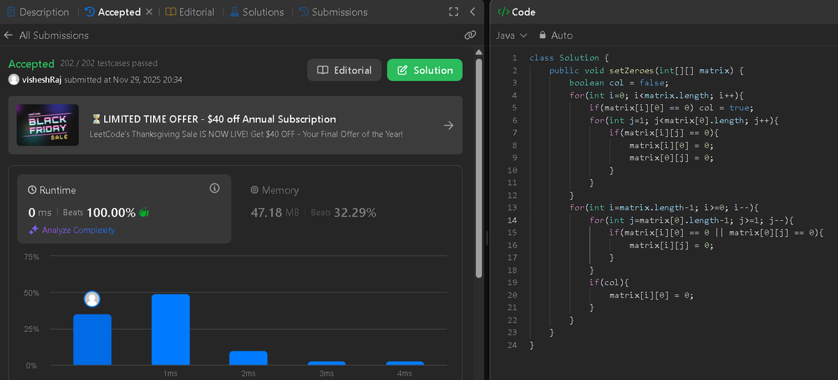 Vishesh_DS's tweet image. Day 106 of #100DaysOfCode

🎯 Solved &quot;73. Set Matrix Zeroes&quot;(Medium)🔥
✅ Time complexity is O(m*n).
#LeetCode #DSA #Java #CodingJourney #LearnInPublic