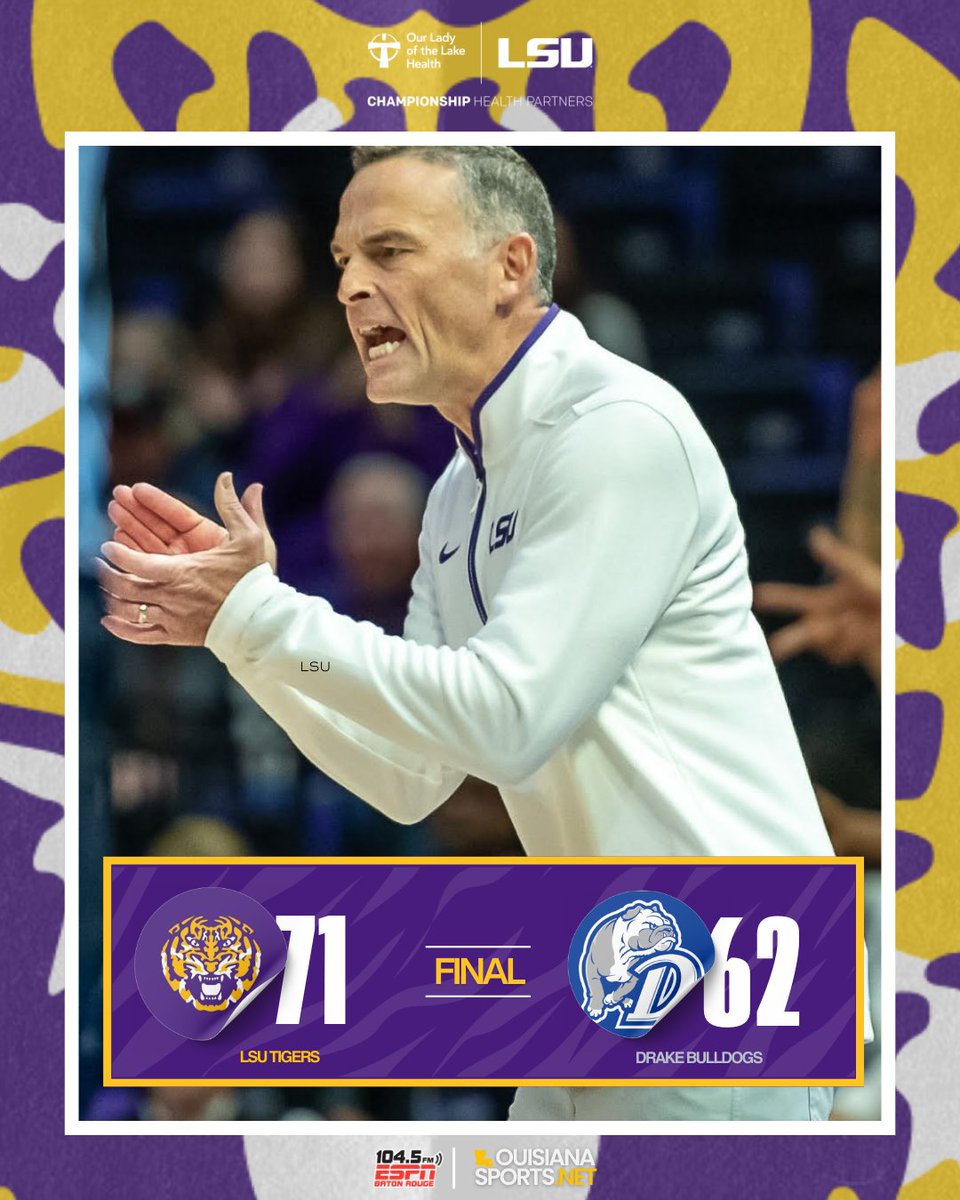 LSU beats Drake to move to 6-0

FINAL: LSU 71 Drake 62 #BootUp 

Full Story 🔗 ow.ly/RuM850Xztqy