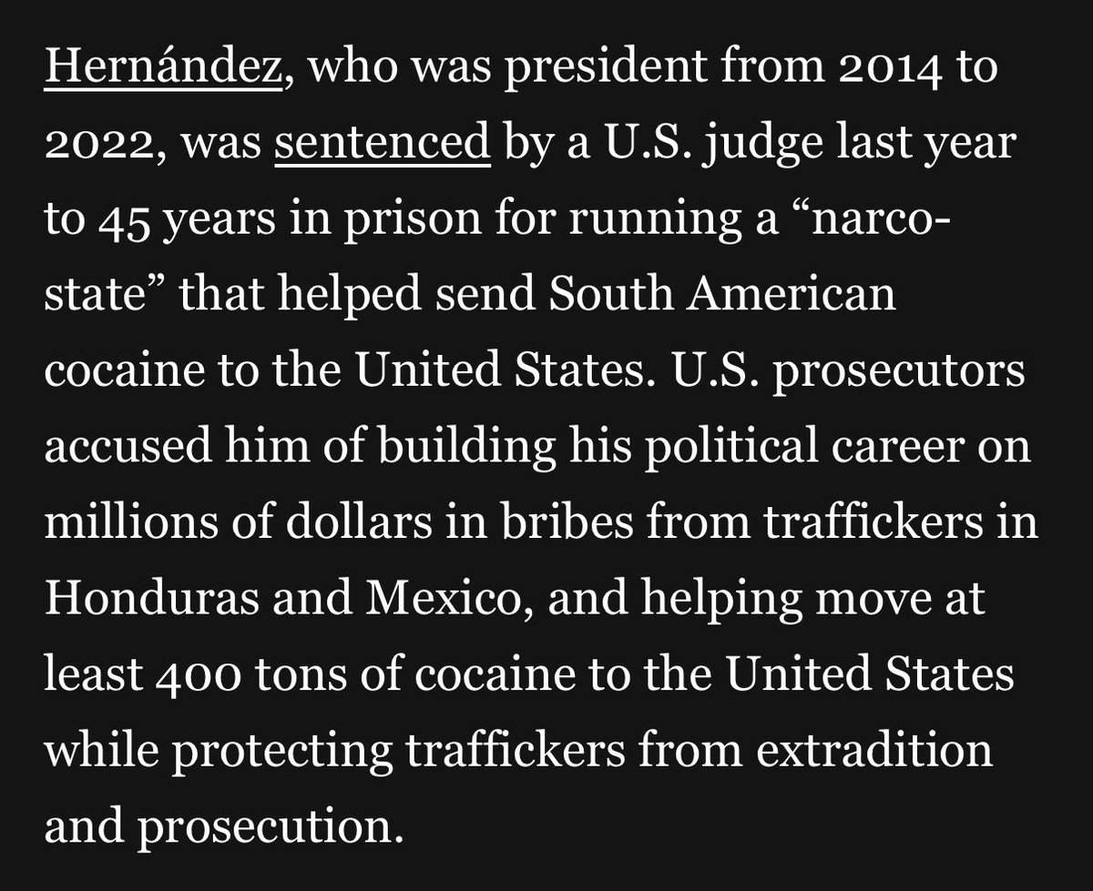 aintscarylarry's tweet image. Don’t believe trump regime’s bullshit that they’re killing Venezuelans for being “narco-terrorists.” He just pardoned one of the most heinous drug traffickers of all time. Juan Orlando Hernández moved 400 tons of cocaine to the US, &amp;amp; that was just the shipment to Don Jr’s house!