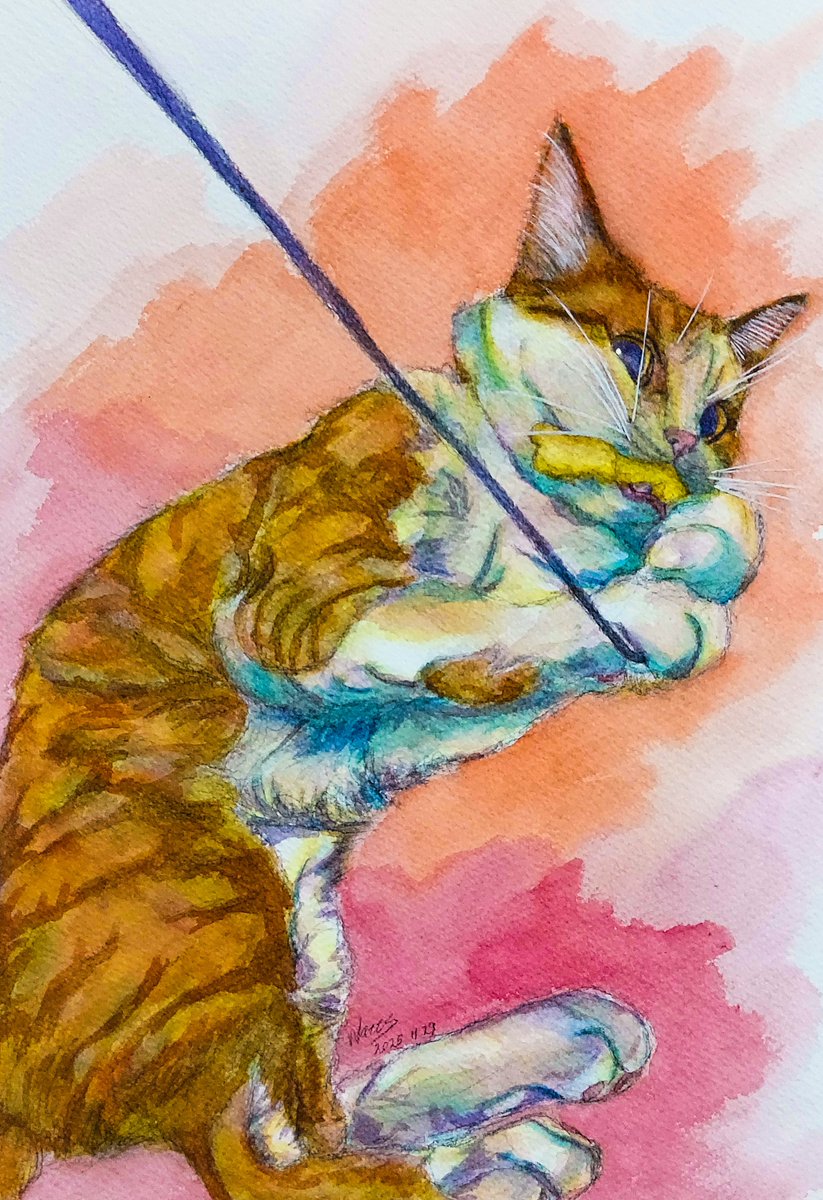 もう離さないゾ！😼 #watercolor #水彩画 #猫 #猫のいる暮らし𓏲𓎨