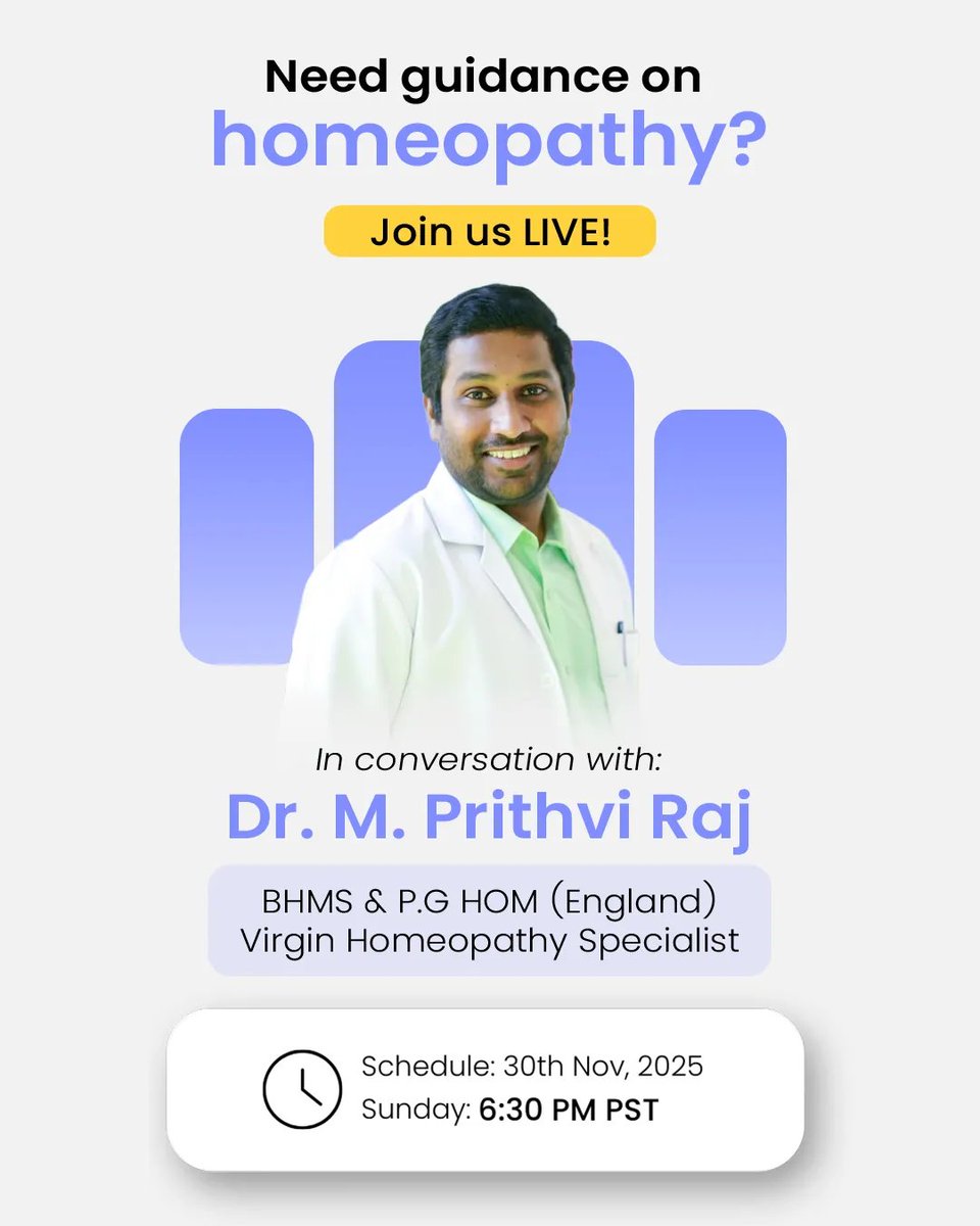 Distacart's tweet image. We’re going LIVE! 
Still unsure how homeopathy fits into daily wellness? 
Join Dr. M. Prithvi Raj (BHMS | P.G HOM, England) as he breaks down homeopathy and answers your questions.
📅 30 Nov 2025
🕕 6:30 PM PST
📍 IG, YouTube &amp;amp; TikTok Live
#Homeopathy