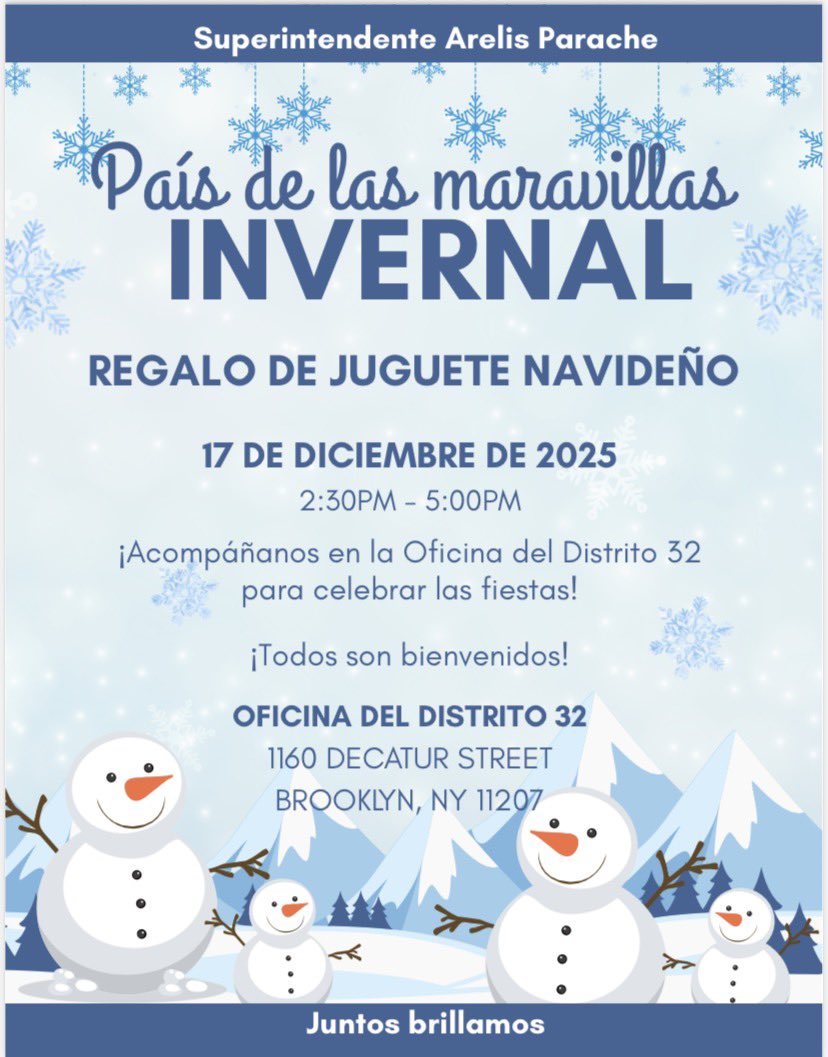 District32Supt's tweet photo. All families, students, staff, and community members are welcome!
Letβs celebrate the season, connection, and the warmth of our District 32 community.
βοΈπ Together We Shine β even brighter in the winter!
#District32 #WinterWonderland #TogetherWeShine #BushwickStrong https://t.co/vdC1xJPmyq