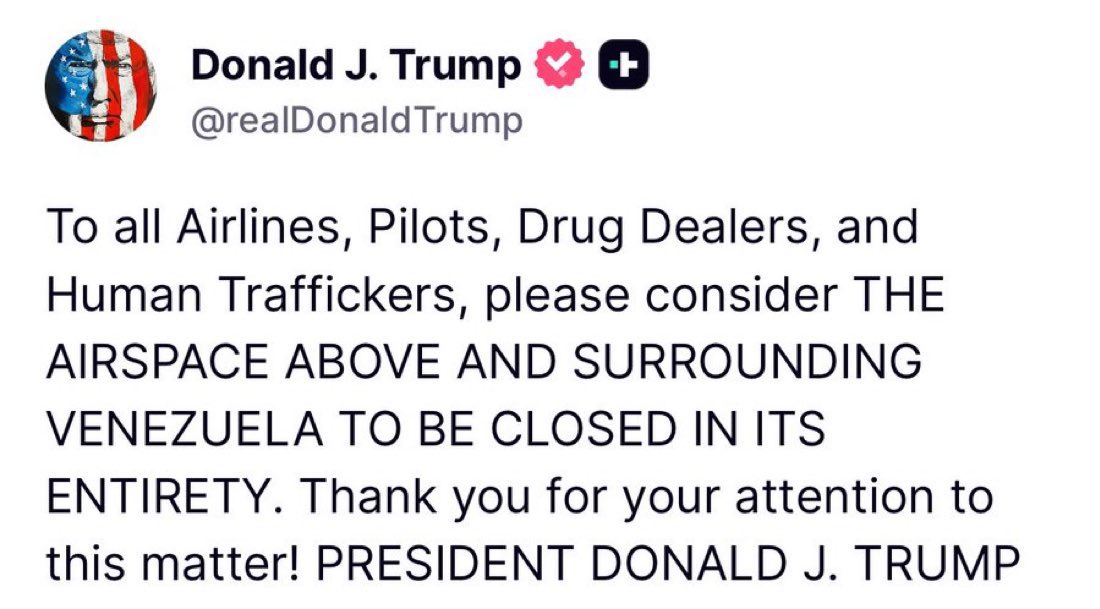 bennyjohnson's tweet image. NEW: President Trump completely shuts down the airspace above and surrounding Venezuela.
