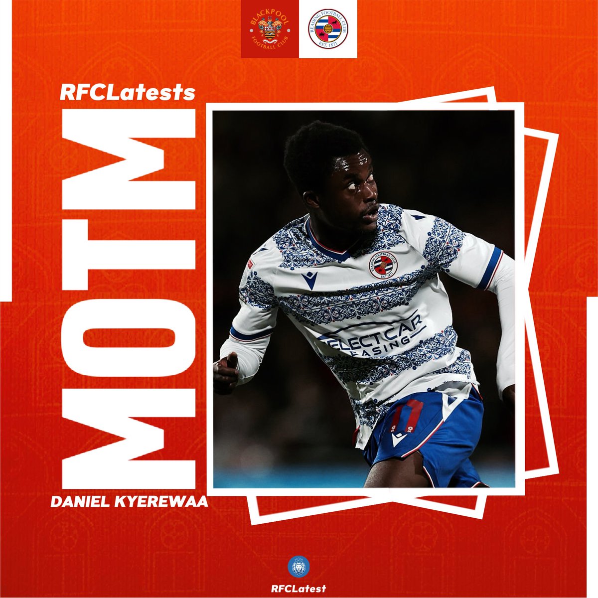 RFCLatest's tweet image. 🍾 RFCLatest’s MOTM

Involved in all three goals and terrorised Ihiekwe all afternoon. Best performance in a #ReadingFC shirt for Daniel Kyerewaa! 🙌