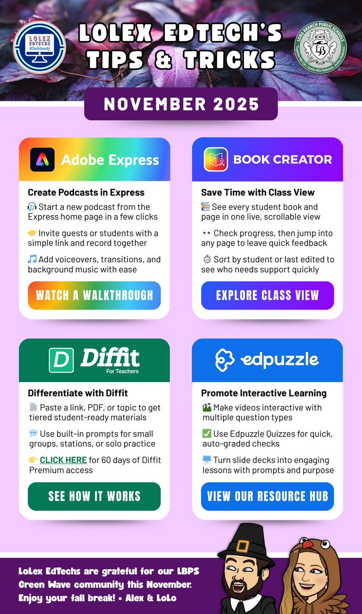 mr_isaacs_math's tweet image. 🚀 @lolexedtechs are proud to share our Nov. #EdTech one-pager! 🧡

For the month @l_alston &amp;amp; I highlight:
🎙️ #Podcasts on @AdobeExpress
🌈 @BookCreatorApp&apos;s Class View
💚 @DiffitApp for #differentiation
🧩 @Edpuzzle&apos;s interactivity upgrades

View it 👇
bit.ly/lolexnov