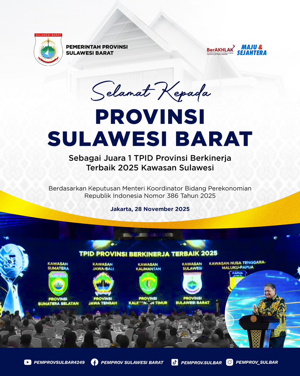 pemprov_sulbar's tweet image. Selamat untuk pencapaian Provinsi Sulawesi Barat, terbaik pertama TPID Provinsi Berkinerja Terbaik 2025 Kawasan Sulawesi berdasarkan keputusan Menteri Koordinator Bidang Perekonomian RI Nomor 386 Tahun 2025.

#sulbar #maju&amp;amp;sejahtera #sdk-jsm