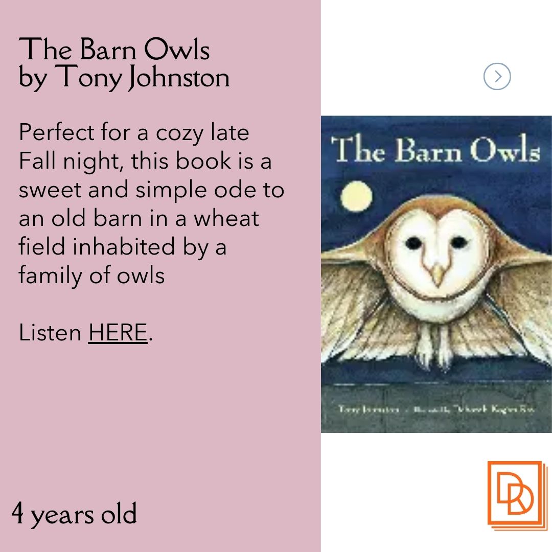 DDReading's tweet image. Prescription for Reading #3 for November 2025! Ages 3-5 years.
The Barn Owls: ow.ly/QHNi50XztrG
Learn more at: ow.ly/Tuit50XztrF
Talk, Sing, Read, Play. Everyday! 
#booksforkids #books #parenting #kids