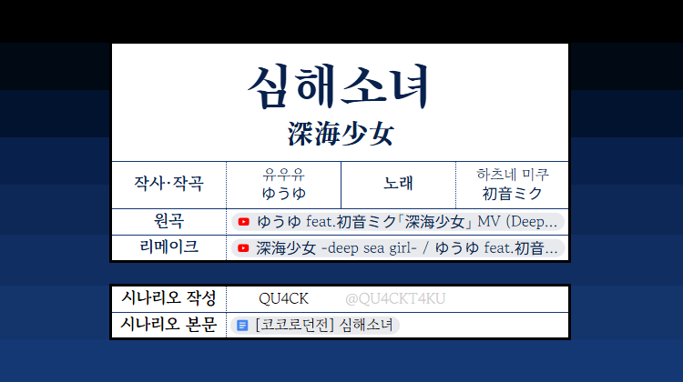 ✒️ 하츠네 미쿠 TRPG 코코로던전 팬메이드 시나리오
「심해소녀」

ゆうゆ님의 악곡을 기반으로 하며, 4인 1-2레벨 상정의 입문용 시나리오입니다.

docs.google.com/document/d/1aE…