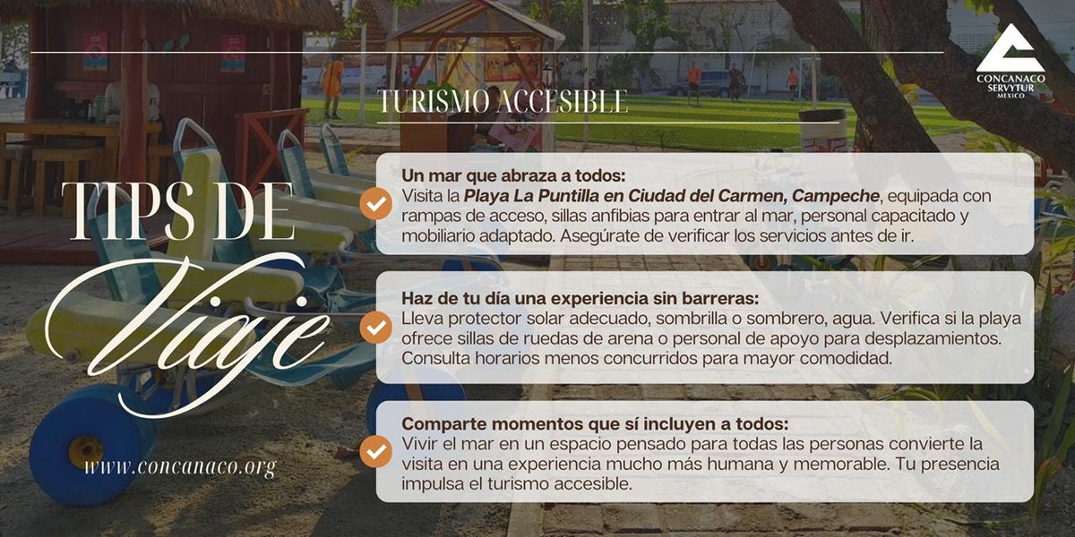 CONCANACO's tweet image. #TipsDeViaje
Explorar México también es abrir caminos para todos. 🌊✨
Cada viaje puede ser más inclusivo, cómodo y disfrutable.
Desde playas con accesos adaptados hasta experiencias sin barreras, cada acción suma para construir un turismo más humano y cercano.
Viajar es mejor