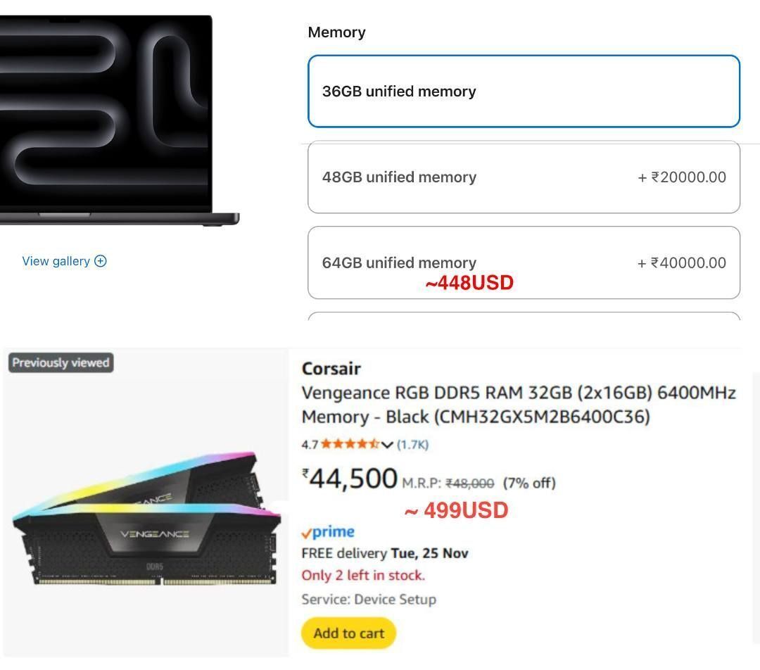 greg0geek's tweet image. Si Apple parece barato… algo anda muy mal. 😬

Los precios están tan duros que hasta la RAM de Apple hoy se siente “razonable”. 💸
La inflación y la subida en componentes están golpeando más fuerte que nunca.

💬 ¿También has notado lo caro que está armar?

#TechNews #PCGaming