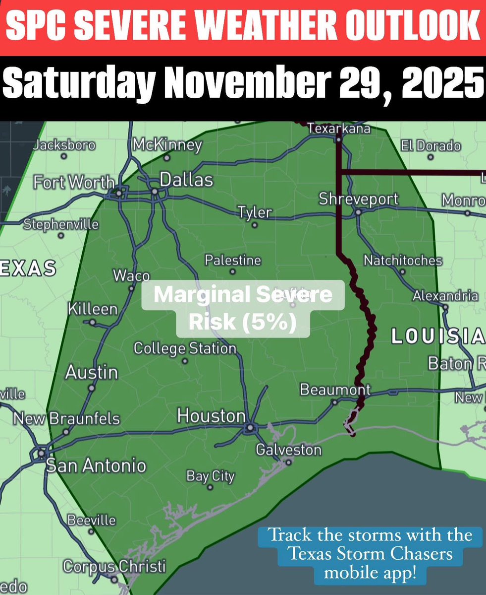 TxStormChasers's tweet image. ⚠️ Later today and tonight there is a level 1 out of 5 risk of severe thunderstorms in #Texas, including places like Dallas, Tyler, Austin, Houston, College Station and Beaumont.

⚡️💨🌪️ Isolated severe storms may occur late this afternoon and tonight near the cold front. Hazards…