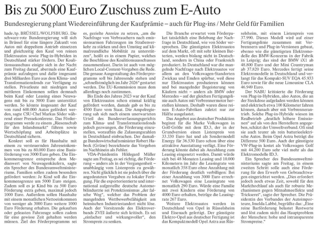 StefanKooths's tweet image. Kaufprämien für E-Autos waren, sind und bleiben falsch.
1⃣ Klimapolitisch falsch: Kein CO2-Effekt, Vermeidung wird nur teurer.
2⃣ Sozialpolitisch falsch: Kluge Sozialpolitik setzt auf Subjekthilfen, nicht auf Objektsubventionen.
3⃣ Wirtschaftspolitisch falsch: Industriepolitische…