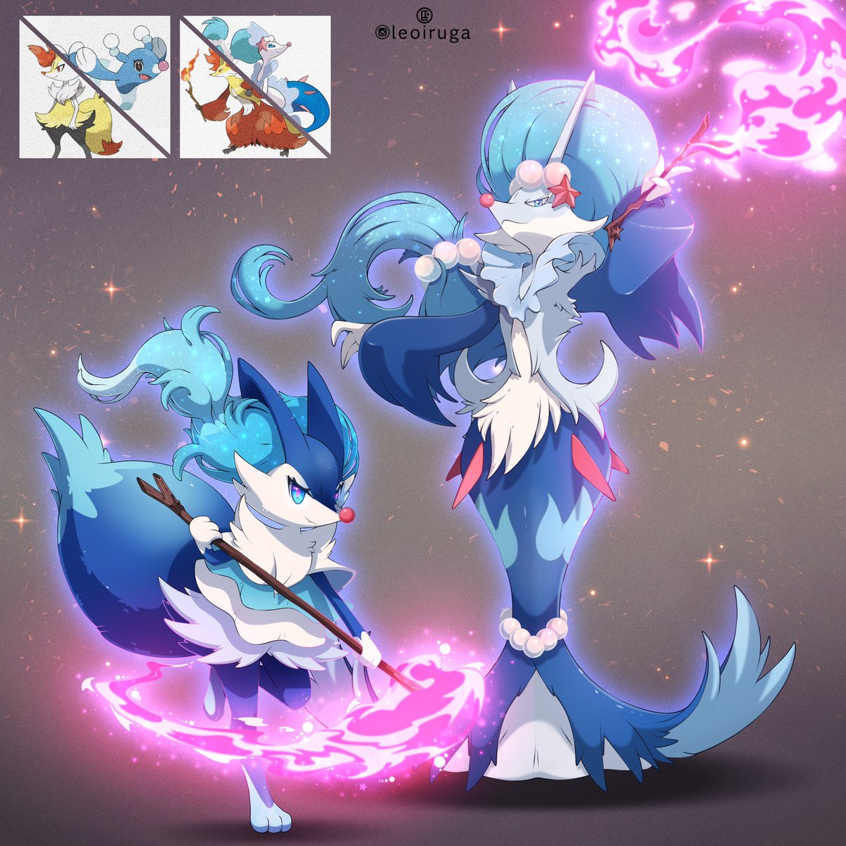 Braixen and Brionne
Delphox and Primarina 
Fusions 🧙‍♀️🧜‍♀️✨

(Commission)