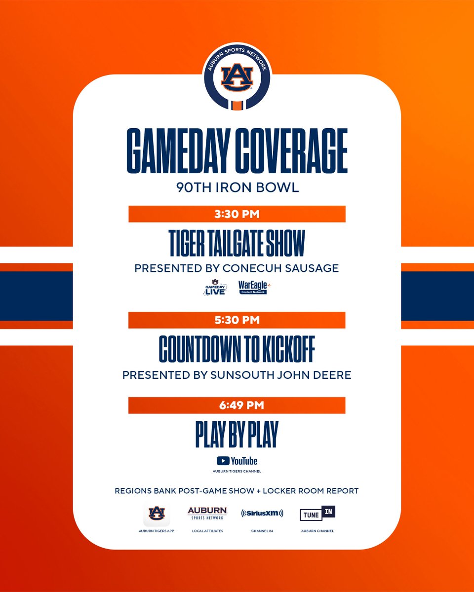The 90th Iron Bowl awaits!

Tonight’s <a href="/AuburnFootball/">Auburn Football</a> coverage guide⬇️

📻 <a href="/AUSportsNetwork/">AU Sports Network</a> affiliates / <a href="/Wings943FM/">Wings 94.3 FM</a> 
📱 <a href="/AuburnTigers/">Auburn Tigers</a> App
💻 AuburnTigers.com
📺 Tailgate Show on <a href="/WarEaglePlus/">WarEagle+</a> / Booth Cam on youtube.com/@auburntigers

#WarEagle