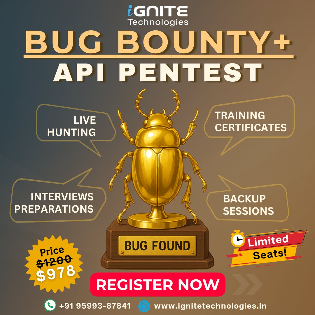 hackinarticles's tweet image. Bug Bounty Training Program (Online)
 
🔗 Register here: forms.gle/bowpX9TGEs41GD…
💬 WhatsApp:  wa.me/message/HIOPPN…

📧 Email: info@ignitetechnologies.in

Hurry up, get enrolled yourself with IGNITE TECHNOLOGIES’ fully exclusive Training Program “Bug Bounty.”

✔️ Table of…