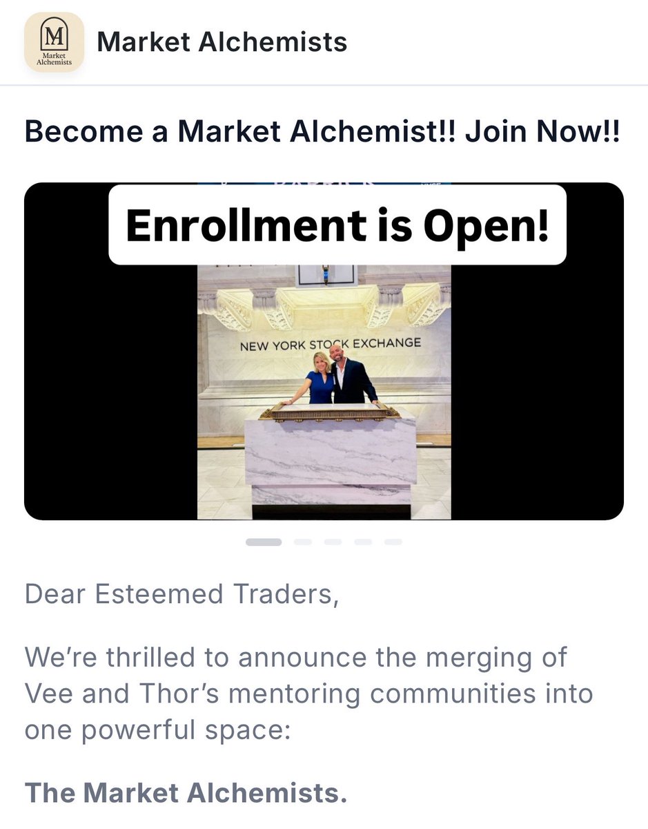 Today we open the door to Market Alchemist a new mentoring community cofounded by <a href="/DrCharland/">Dr Vanessa Charland</a> and myself. We are so excited to be a part of your Trading Journey. #Daytrading #futurestrading Link to signup on my profile.