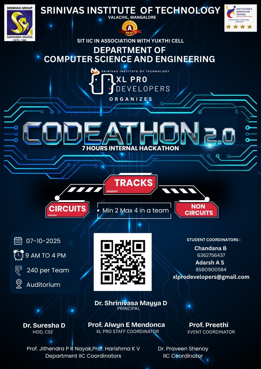 sitmangalore's tweet image. The Department of CS&amp;amp;E at Srinivas Institute of Technology, Valachil, Mangaluru, accredited by NAAC with an ‘A’ Grade, in association with the Institution’s Innovation Council (IIC) and the Yukthi Cell, organized CODEATHON 2.0, a 7-hour internal hackathon on 07th October 2025.