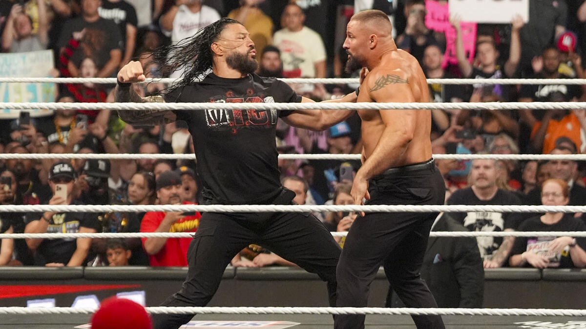 WrestleTalk_TV's tweet photo. Roman Reigns comments on the likes of Bron Breakker and Bronson Reed emerging as potential main eventers looking to take his spot:

"I think it's just the circle of life in WWE. 10 years ago, I was the young guy, Brock Lesnar was the top of the mountain, and I was trying to knock him off that peg. Years later, it's happening to me.

"It's a shark tank. Everybody wants what you have. And I'd say right now, whether I have a title or not, everybody wants what the Tribal Chief has."

(WWE)