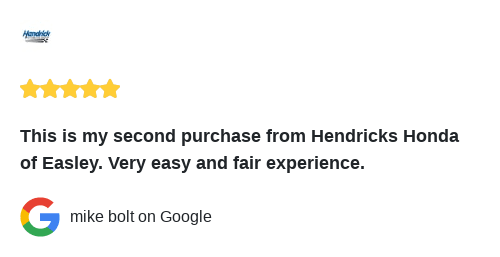 HendrickEasley's tweet photo. Hendrick Honda Easley just received a great review on Google. Thank you mike bolt! https://t.co/MrzpfGHrsB
